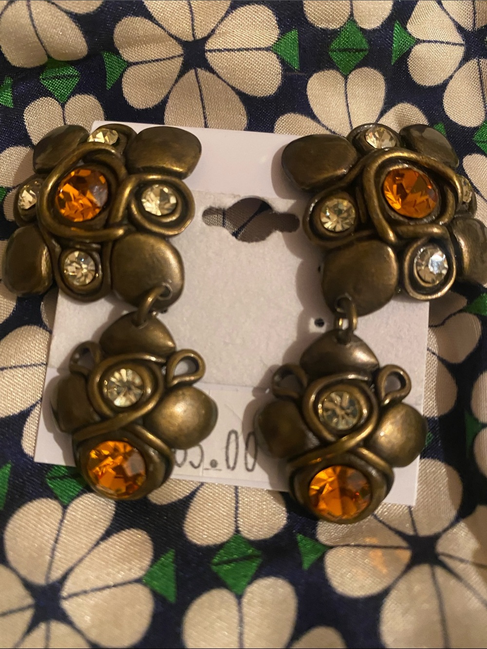 Vintage Brass Floral Drop Earrings with Amber and Clear Crystals